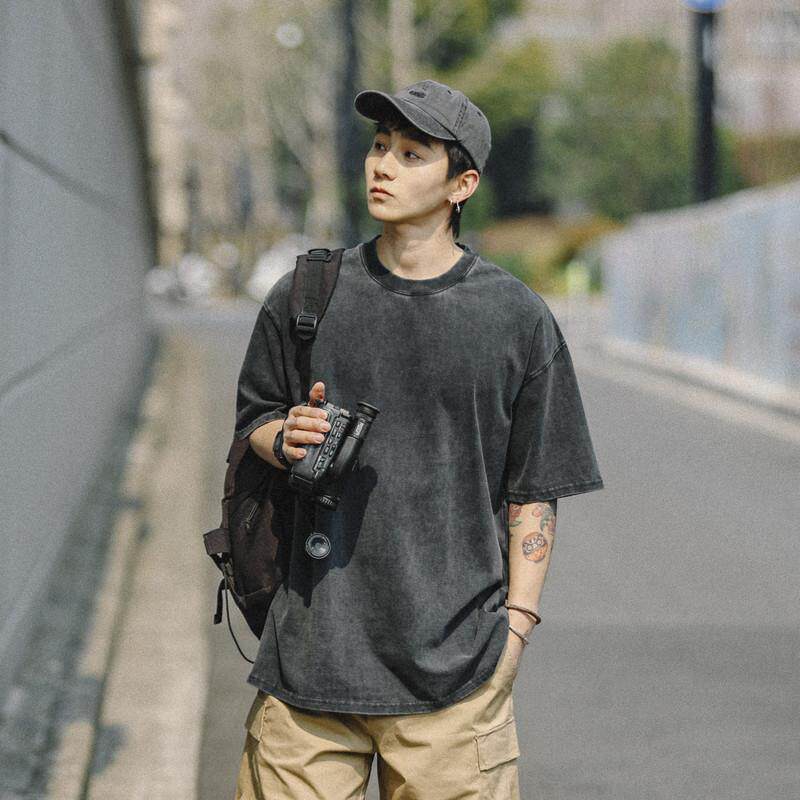 BDCT 2025夏季覆古纯色水洗做旧短袖T恤男女宽松简约纯棉透气半袖