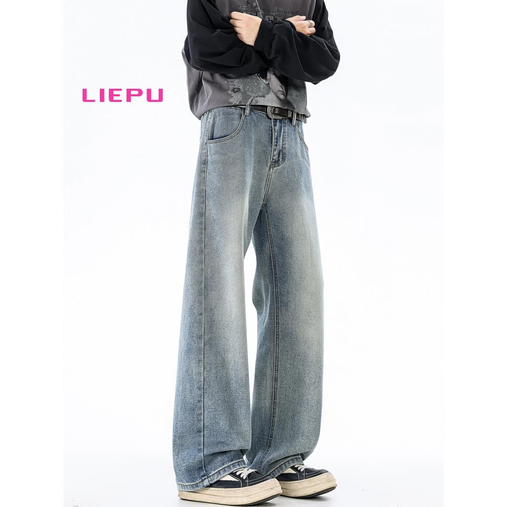 猎璞浅蓝牛仔裤男士新款宽松高街直筒休闲裤子男春秋美式vibe长裤