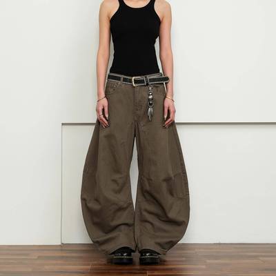 FLYOFF老钱风棕色弯刀牛仔裤男拼接弧形阔腿拖地美式覆古情侣裤子