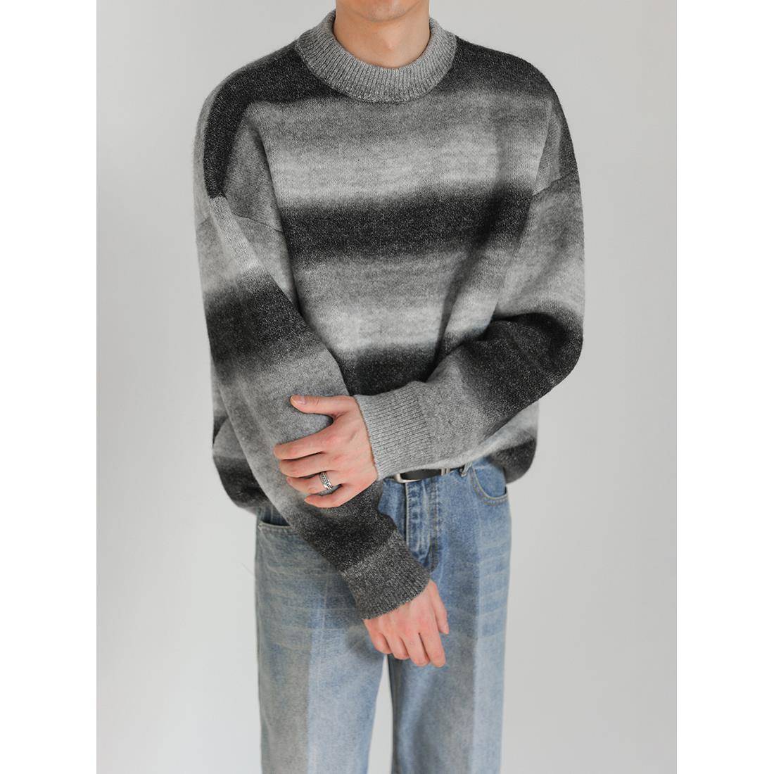 ZPZ秋冬季上衣羊毛衫韩系宽松圆领针织衫 男潮流撞色条纹套头毛衣