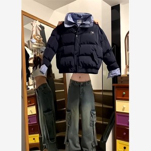 韩版撞色拼接格纹假两件棉服外套女冬季新款设计感潮牌百搭面包服