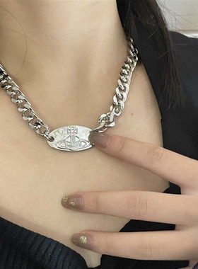极速Saturn UFO oval tag hip hop necklacJe clavicle chain tid