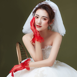 新品新娘手套礼服敬酒服红手套短款蝴蝶J结婚纱春夏季秀禾服配饰