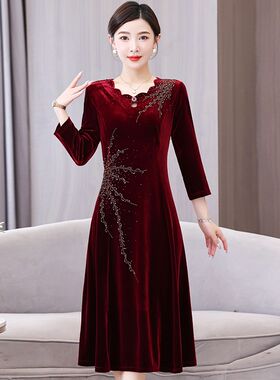 新品金丝绒裙子新款高端喜婆婆婚宴装H年轻时尚妈妈装结婚礼服连
