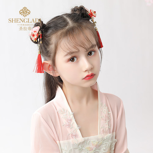 新品汉服头饰儿童流苏步摇发簪红色复古女童古风丝带古Z装女孩旗
