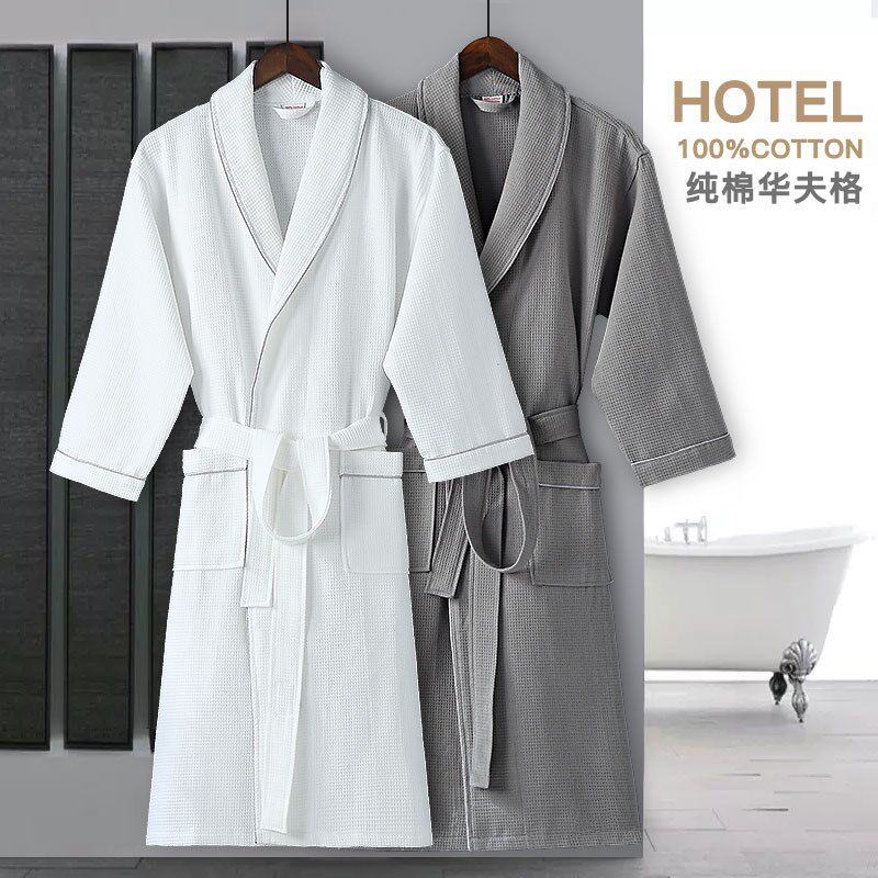 新品酒店同款纯棉浴袍吸水速干女款华夫格毛巾料浴U衣成人男士和