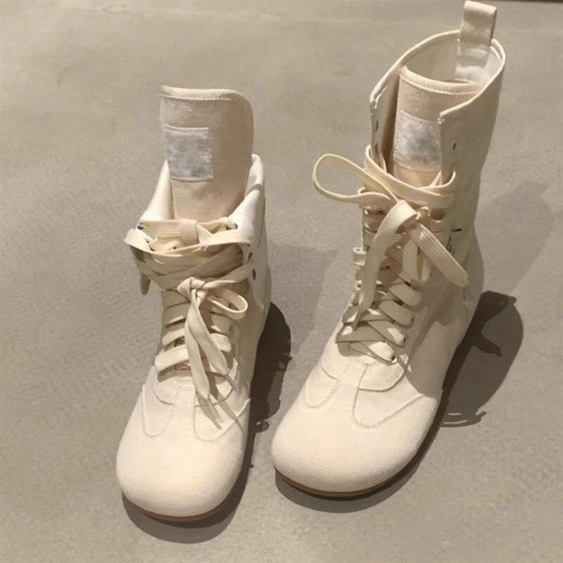 新品高帮马丁靴男女春秋帆布牛仔靴复F古系带拳击靴平底通勤圆头