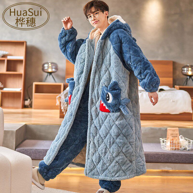 新品男士睡衣冬季珊瑚绒三层夹棉加E厚加绒卡通睡袍男款浴袍大码