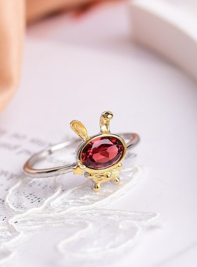 极速天然石榴石兔q子纯银戒指 活口可调 D159