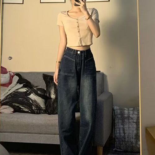 新品2023f新款爆款春秋阔腿牛仔裤大码胖mm女装显瘦梨形身材穿搭
