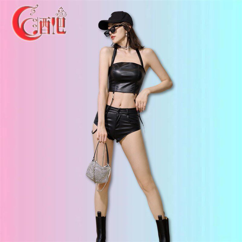 极速酒吧ds演出服黑色PU性感挂脖背心爵士舞K女团gogo服装女dj短