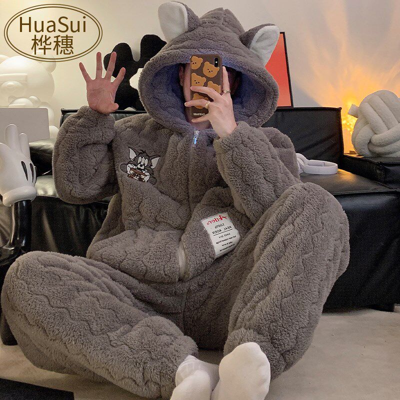 新品男士睡衣秋冬季珊瑚绒三层夹棉加厚加L绒卡通法兰绒保暖家居