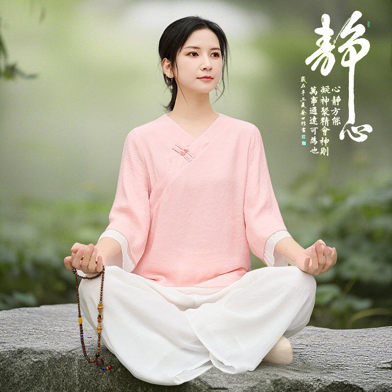 新品禅意佛系女装仙气中国风心灵颂钵疗愈M师禅服白色年轻款居士