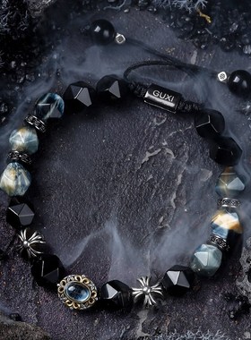 极速GUXI【遗迹】小众设计复古虎E眼石手链男生潮 黑玛瑙珠子手串