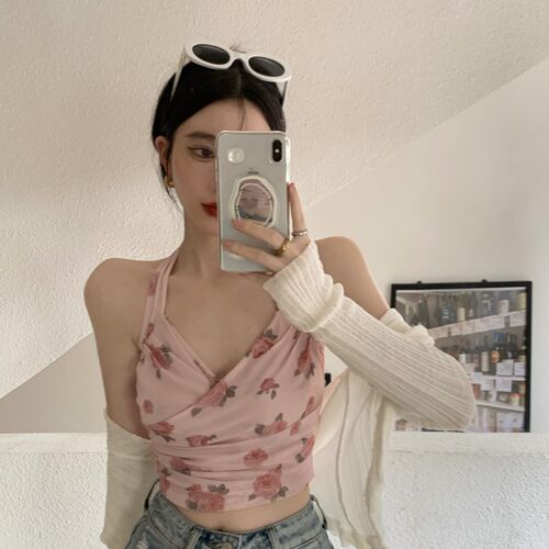 新品法式浪漫印花网纱挂脖背心女y春季2025新款甜辣妹内搭外穿吊