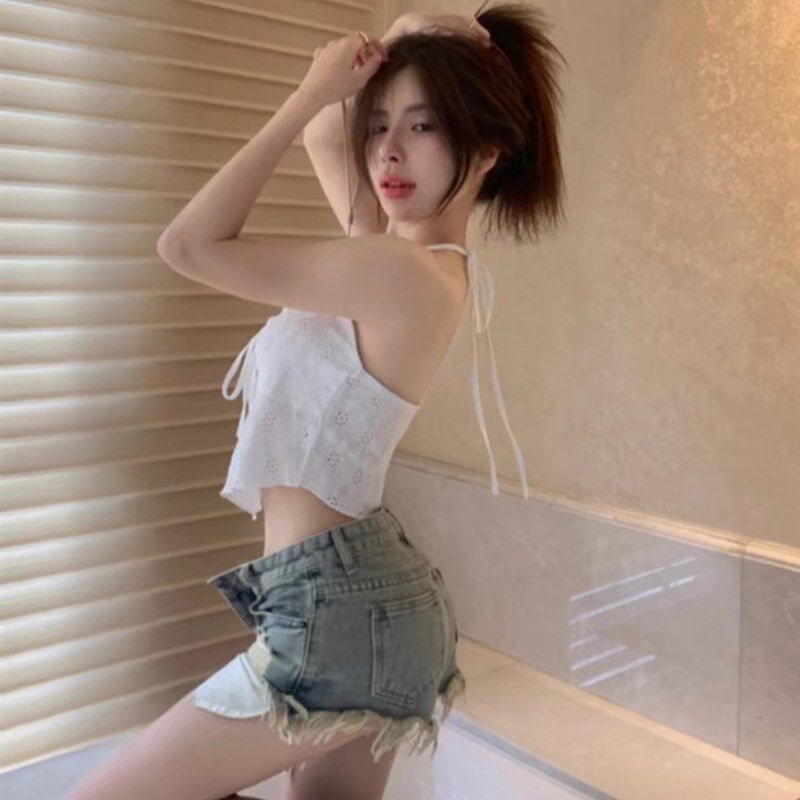 新品辣妹穿d搭美背外穿性感挂脖小吊带背心女内搭夏季短款白色抹