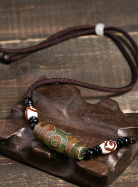 极速西藏三眼九眼老天珠玛瑙y吊坠民族风锁骨链风化纹短款项链男