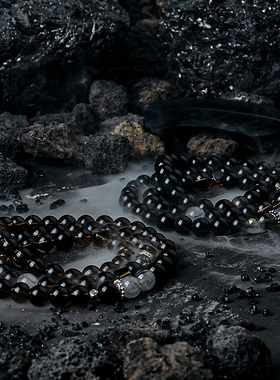 极速GUXI【狩魔】暗黑风黑曜石双D层手链男生茶水晶手串黑发晶珠