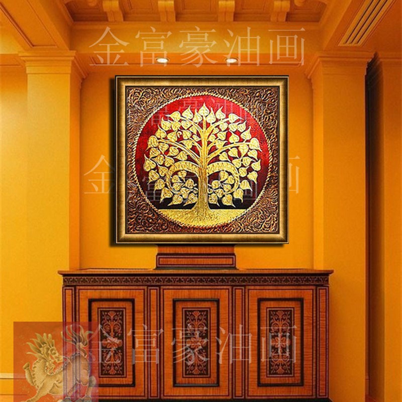 极速手绘东南亚风k格装饰油画奢华酒店瑜伽馆家居壁画金色菩提树图片