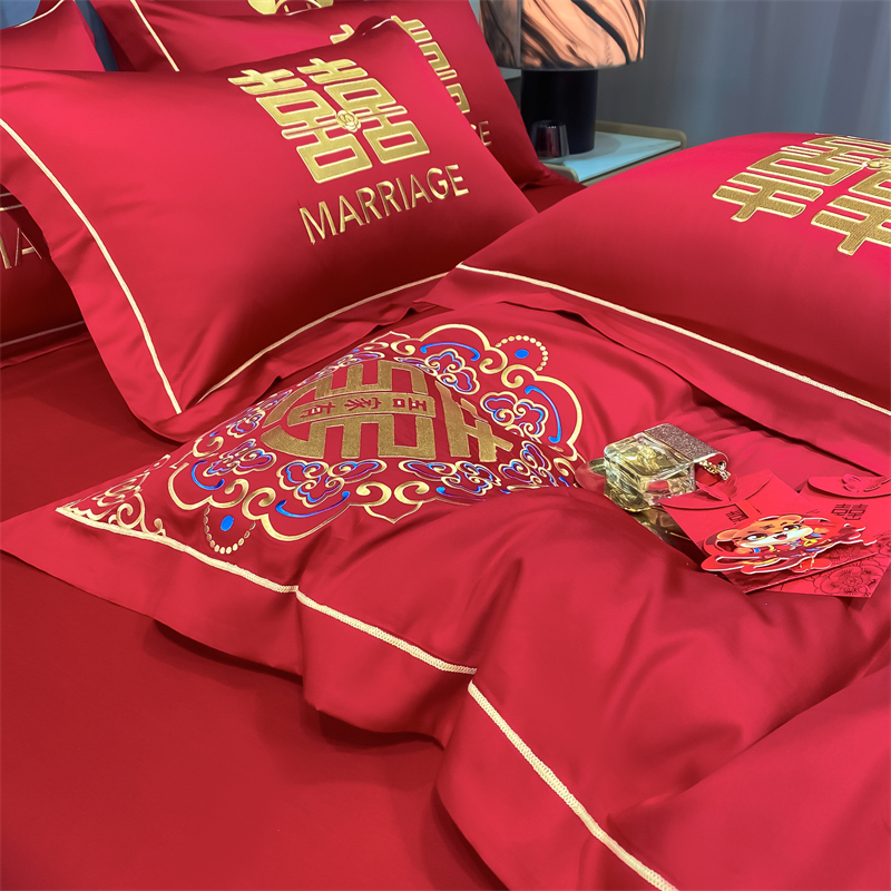 极速中式婚庆四件组大红色婚嫁床上用品喜庆被套喜床X喜被新婚陪
