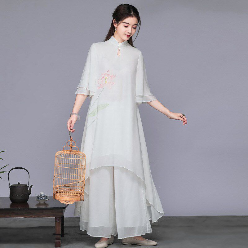 新品白色仙气f年轻女佛系居士服中国风禅意女装茶服改良禅舞服套