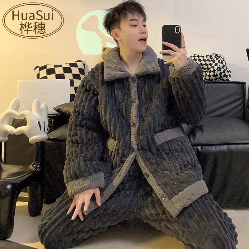 新品三层夹棉睡衣男士冬季加绒加厚青少年珊瑚绒法兰W绒开衫家居