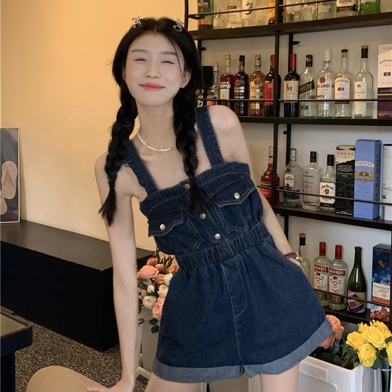 新品牛仔a背带短裤女夏季2024新款复古工装设计感收腰显瘦大码阔图片