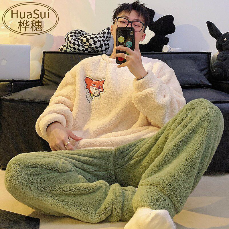 新品男士睡衣冬季珊m瑚绒加厚款卡通青年法兰绒保暖家居服男款休
