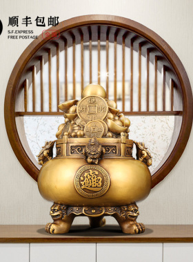 新品招财进宝铜金蟾聚宝盆摆件中式客厅玄关N办公室装饰品公司开