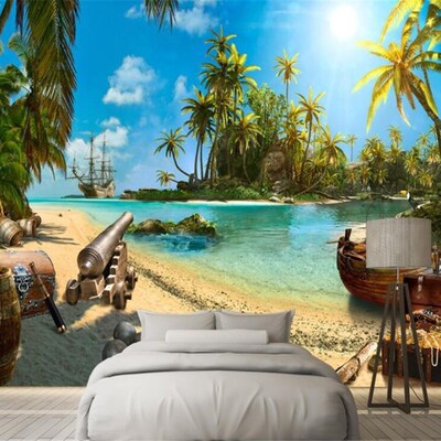新品Beibehang wallpaper puirate ship island landscape murals