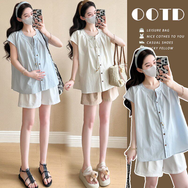 新品孕妇装夏装2025新款套装夏季短袖娃娃M衬衫上衣女无袖小个子