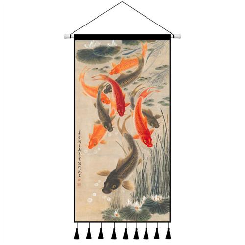 中式挂画布艺九鱼图装饰画客厅背B景墙装饰挂布挂毯画玄关超大布图片