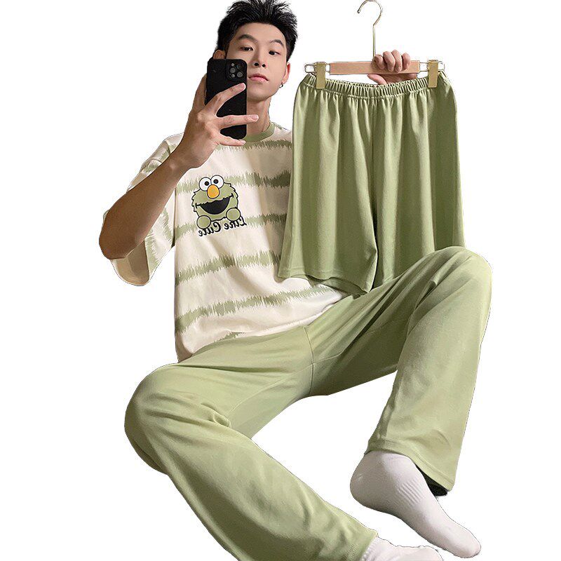 新品2025夏季睡衣p男士纯棉短袖卡通时尚青年薄款三件套装家居服