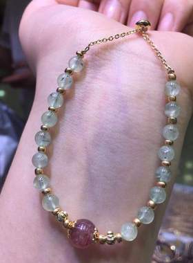 极速6mm天然葡萄石搭配草莓晶单圈手E链 14K包金 可伸缩 K122