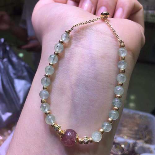 极速6mm天然葡萄石搭配草莓晶单圈手E链 14K包金 可伸缩 K122