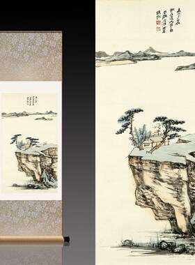 极速张大千远眺图卷轴q挂画丝绸画独钓寒江雪装饰国画姜太公山水