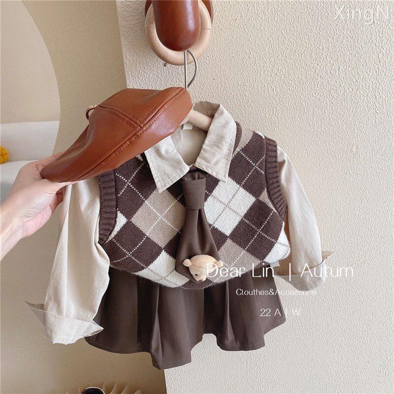 极速儿童秋款韩版套装2023新款男女E童学院风衬衣马甲宝宝春秋三