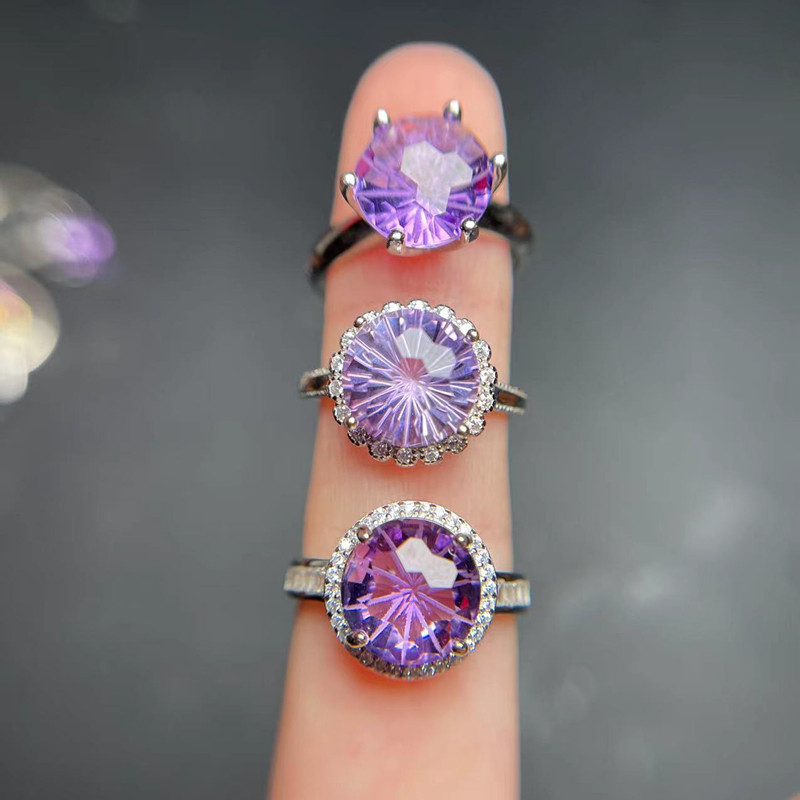 极速天然紫水晶i烟花切纯银戒指 活口镶嵌可调节 Y1697