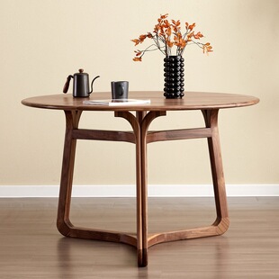 现代简约全实木圆桌日式黑胡桃木餐厅家用圆形饭桌餐桌原木家具