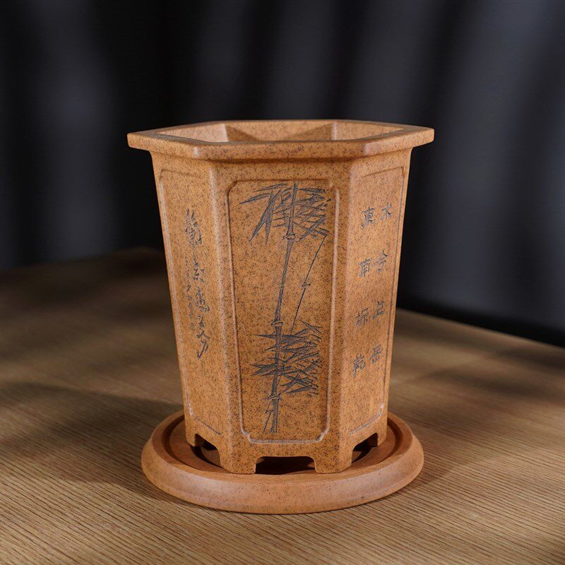 新款奎面飘口宽口精细刻绘原矿段泥柴烧名家唯珍高六方紫砂兰花盆