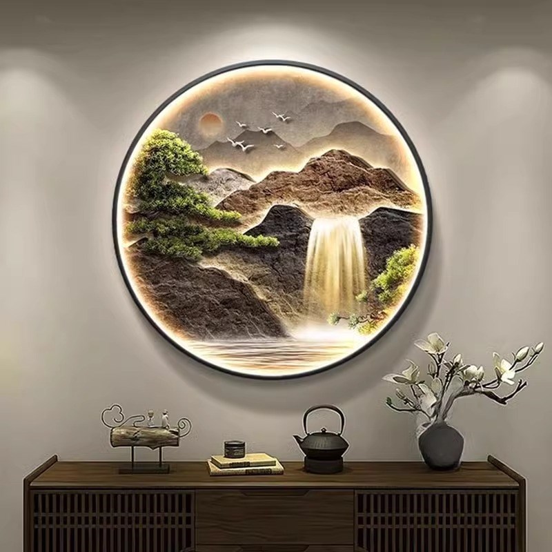 壁灯流水生财风景山水画有u靠山圆形装饰画入户门正对墙挂画玄关
