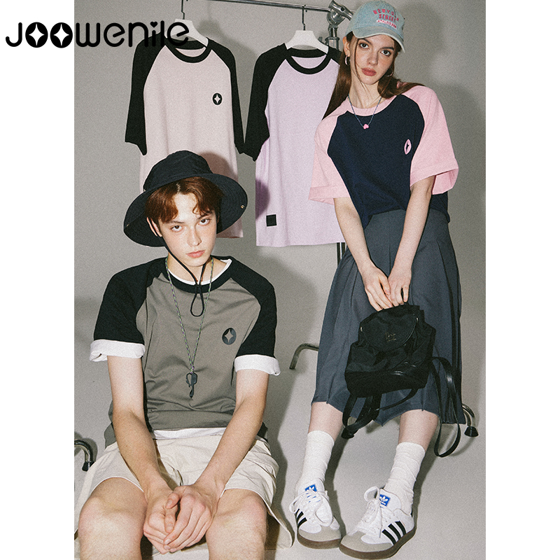 JOOWENILE重磅纯棉少年感拼接半袖日系复古情侣短袖宽松上衣t恤潮
