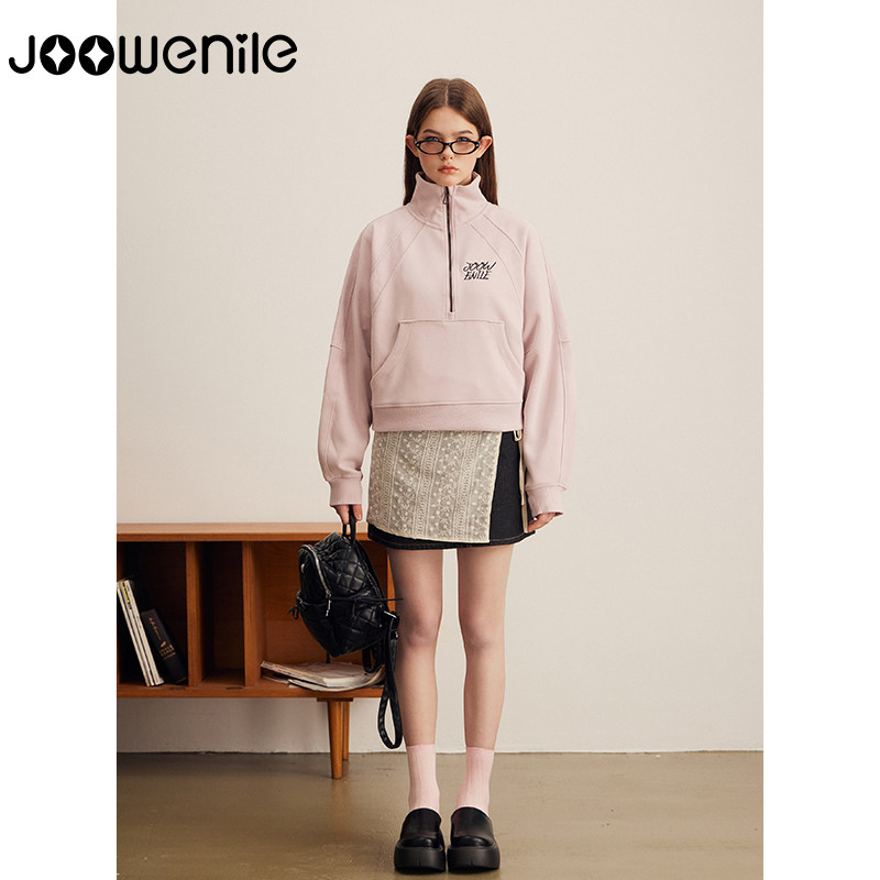 JOOWENILE半拉链翻领运动卫衣女款春季日系复古宽松短款上衣