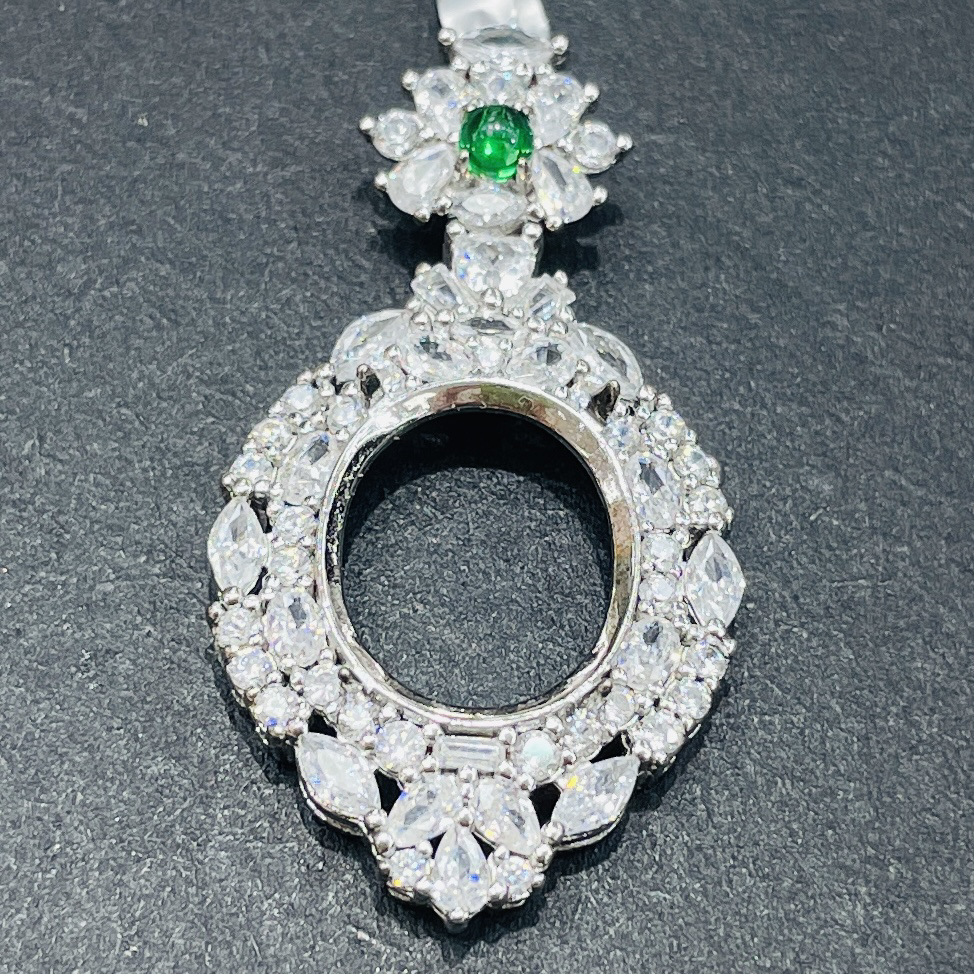 S925国标新款椭圆形吊坠空托纯银镀18K金diy镶嵌翡翠玉石高档银托