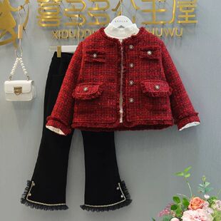 女童小香风套装春秋2026新款红色花边外套呢子儿童喇叭裤两件套潮