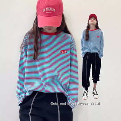 女大童长袖T恤中大童条纹上衣纯棉童装春秋女孩初中生打底衫宽松