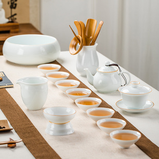 家用简约办公室茶船盖碗斗笠茶杯茶壶整套 甜白瓷功夫茶具茶盘套装