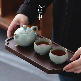 家用一壶两杯二人茶具汝瓷功夫泡茶壶开片可养西施壶 汝窑茶具套装