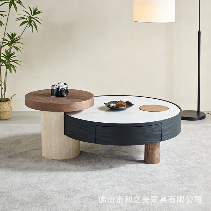 北欧圆形茶几客厅小户型家用高级感创意岩板茶几组合高低设计茶几