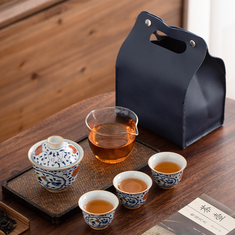 便携式旅行茶具小套装复古青花瓷功夫泡茶杯简易户外游露营快客杯